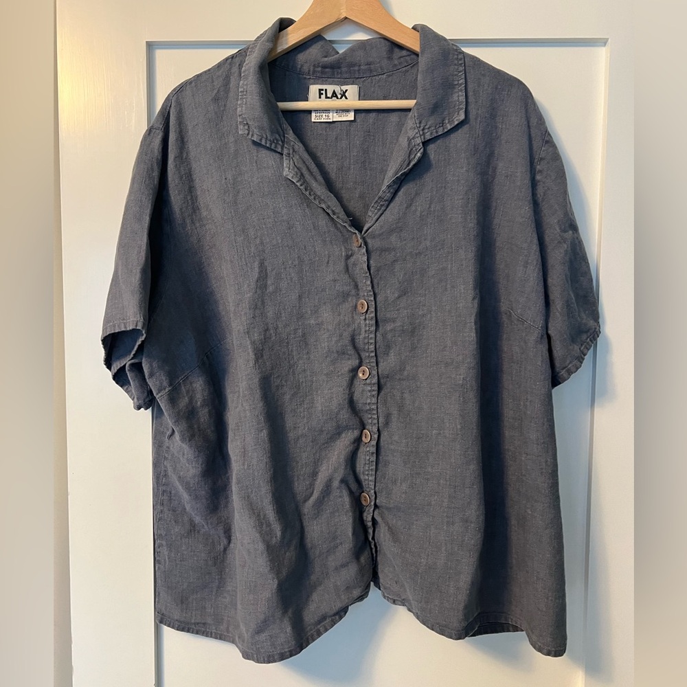 Flax Linen Button Down Shirt Short Sleeved Casual Lagenlook Top Blouse Size 1G